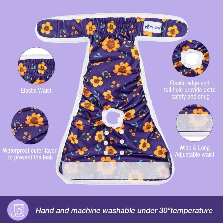 LocalID_67950 Pet Soft - Washable Female Diapers - CUTE FLOWER - SMALL - 25.4-35.56CM (10-14in) waist - 3PK