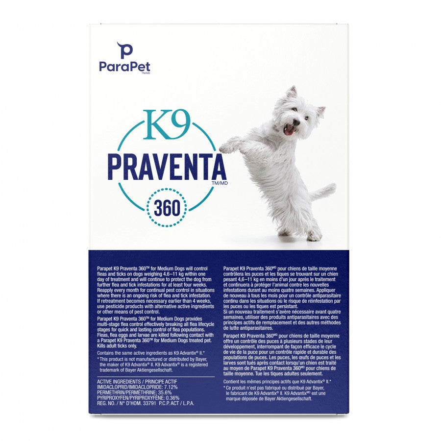 LocalID_71294 Parapet - K9 Praventa 360 Flea & Tick Treatment - MEDIUM Dogs 4.6 to 11KG - 6 Tubes