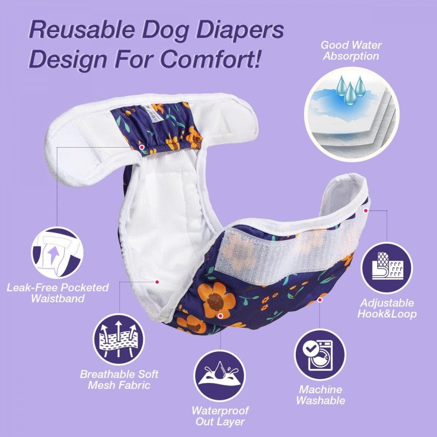LocalID_67945 Pet Soft - Washable Female Diapers - CUTE FLOWER - SMALL - 25.4-35.56CM (10-14in) waist - 3PK