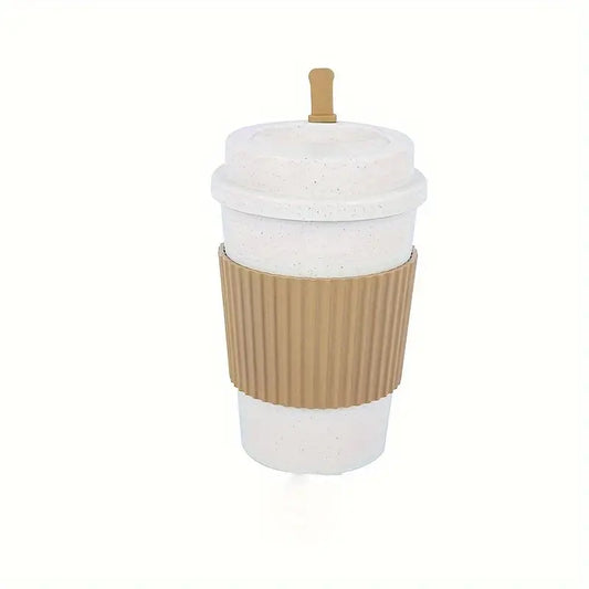 Reusable Wheat Straw Coffee Mug with Lid and Peace, Love, Dogs Sticker - with Sleeve - 14CM Tall (5.6in)