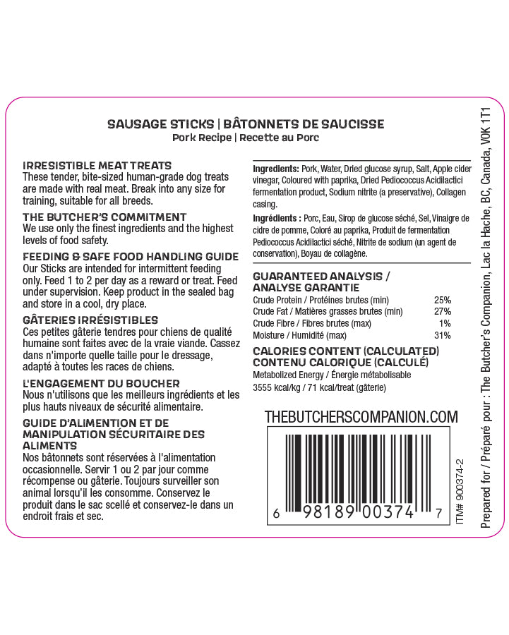 The Butcher's Companion - PORK Recipe Sausage Sticks Dog Treats - 250GM (8.8oz)