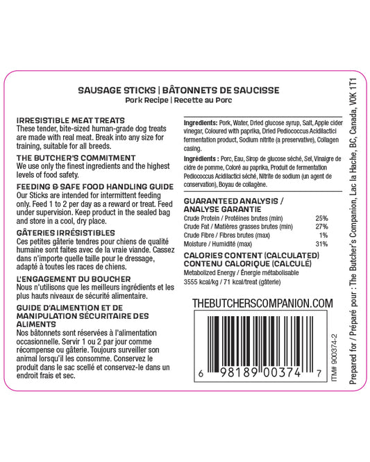 The Butcher's Companion - PORK Recipe Sausage Sticks Dog Treats - 250GM (8.8oz)