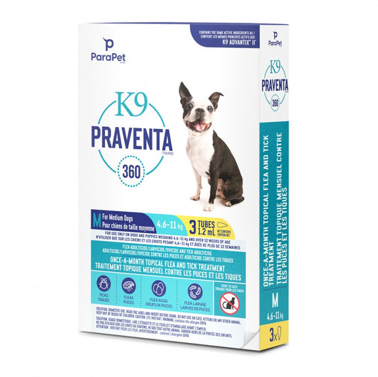 LocalID_71274 Parapet - K9 Praventa 360 Flea & Tick Treatment - MEDIUM Dogs 4.6 to 11KG - 3 Tubes