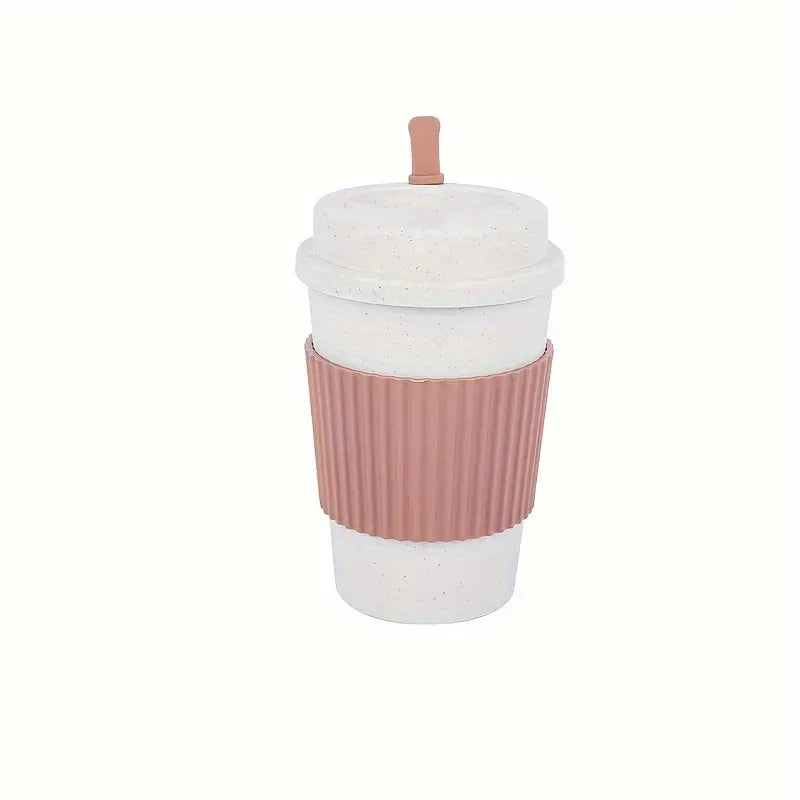 Reusable Wheat Straw Coffee Mug with Lid and Peace, Love, Dogs Sticker - with Sleeve - 14CM Tall (5.6in)
