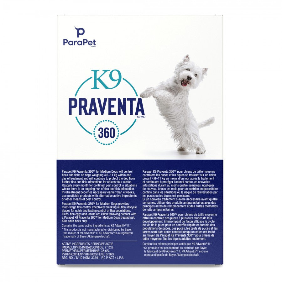 LocalID_71252 Parapet - K9 Praventa 360 Flea & Tick Treatment - MEDIUM Dogs 4.6 to 11KG - 1 Tube