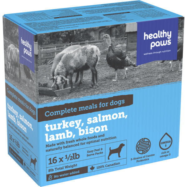 Healthy Paws - Frozen Complete Dinner TURKEY/LAMB/SALMON/BISON Raw Dog Food - 8LB