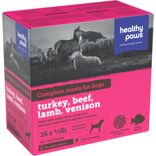 Healthy Paws - Frozen Complete Dinner TURKEY, LAMB, BEEF, and VENISON Raw Dog Food - 8LB