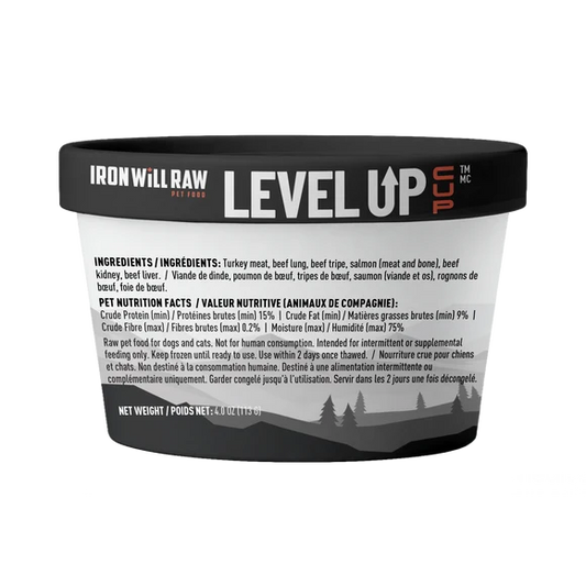 Iron Will Raw - Frozen Level Up Cup BEEF, TURKEY & SALMON Raw Dog Food - 113GM (4oz)