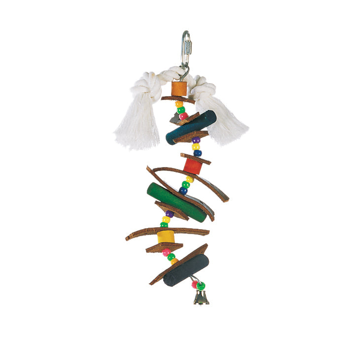 Living World - Juglewood Bird Toy - Skewer With Wood Pegs - Plastic Beads - Leather Strips and Bell - SMALL