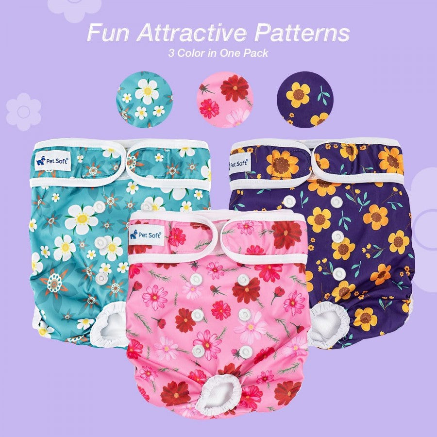 LocalID_67948 Pet Soft - Washable Female Diapers - CUTE FLOWER - SMALL - 25.4-35.56CM (10-14in) waist - 3PK