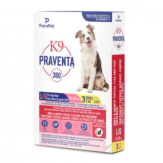 LocalID_71280 Parapet - K9 Praventa 360 Flea & Tick Treatment - LARGE Dogs 11 to 25KG - 3 Tubes