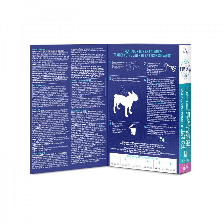 LocalID_71296 Parapet - K9 Praventa 360 Flea & Tick Treatment - MEDIUM Dogs 4.6 to 11KG - 6 Tubes