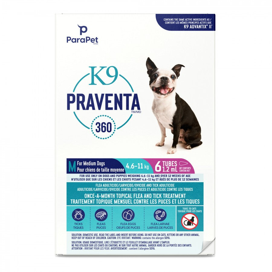 LocalID_71291 Parapet - K9 Praventa 360 Flea & Tick Treatment - MEDIUM Dogs 4.6 to 11KG - 6 Tubes