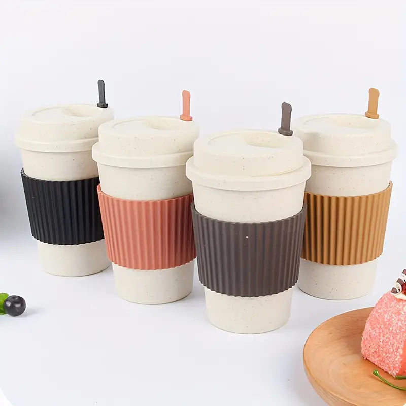 Reusable Wheat Straw Coffee Mug with Lid and Peace, Love, Dogs Sticker - with Sleeve - 14CM Tall (5.6in)