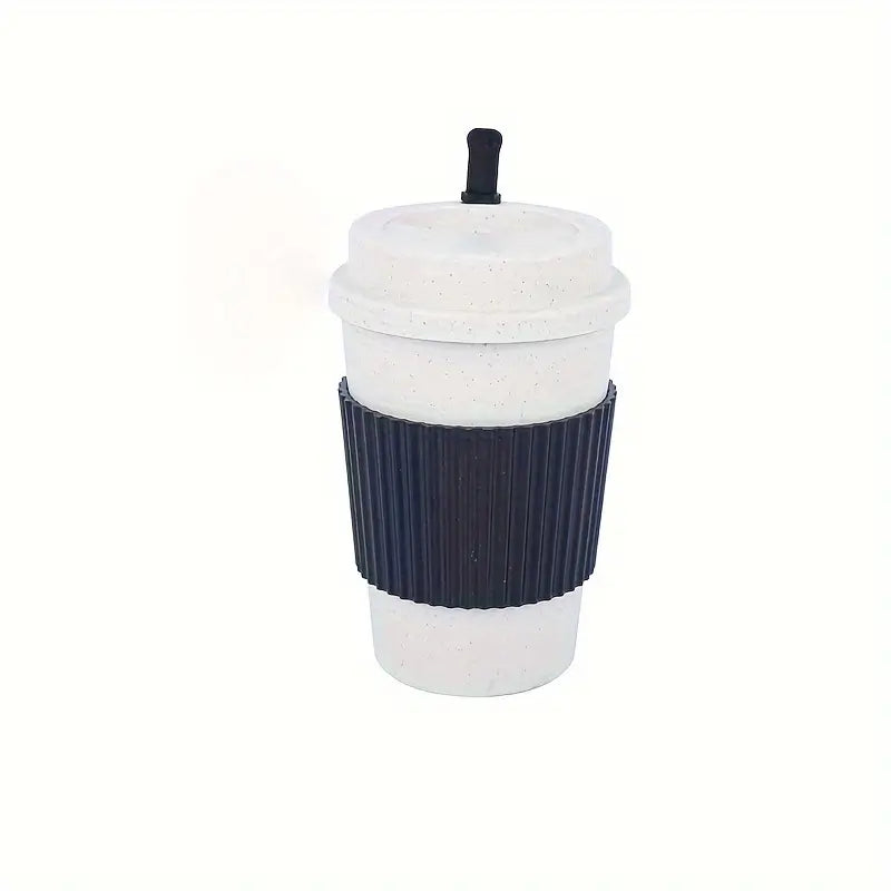 Reusable Wheat Straw Coffee Mug with Lid and Peace, Love, Dogs Sticker - with Sleeve - 14CM Tall (5.6in)