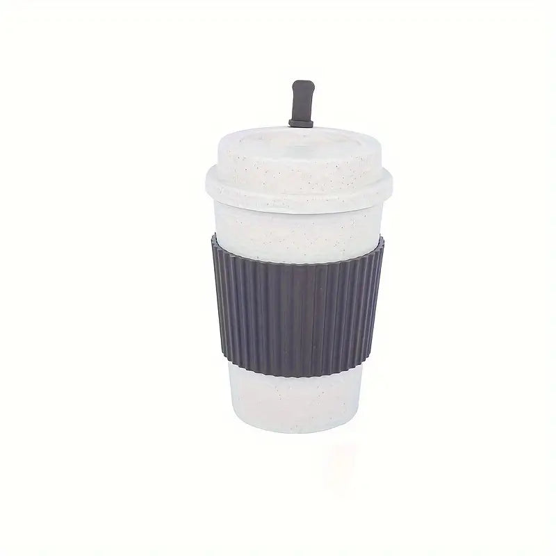 Reusable Wheat Straw Coffee Mug with Lid and Peace, Love, Dogs Sticker - with Sleeve - 14CM Tall (5.6in)