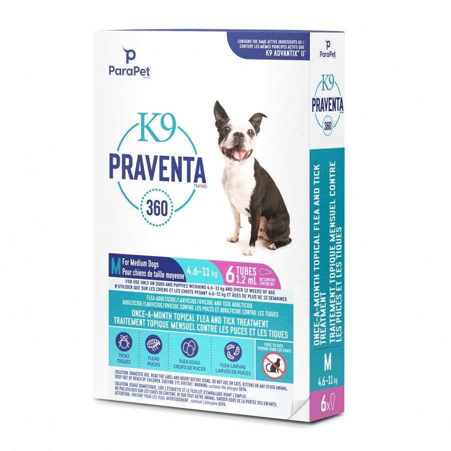 LocalID_71292 Parapet - K9 Praventa 360 Flea & Tick Treatment - MEDIUM Dogs 4.6 to 11KG - 6 Tubes