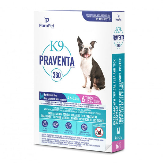 LocalID_71292 Parapet - K9 Praventa 360 Flea & Tick Treatment - MEDIUM Dogs 4.6 to 11KG - 6 Tubes