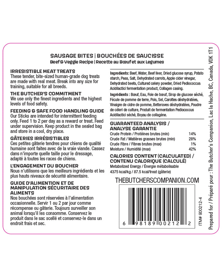 LocalID_69912 The Butcher's Companion - Sausage Bites BEEF and VEGGIE Recipe Dog Treat - 150GM