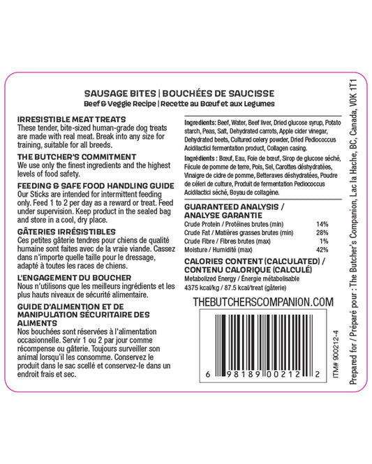 LocalID_69912 The Butcher's Companion - Sausage Bites BEEF and VEGGIE Recipe Dog Treat - 150GM