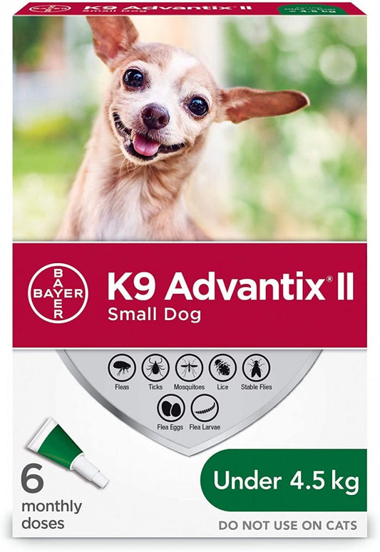 Bayer - K9 Advantix® II Small Dog Once-A-Month Topical Flea & Tick Treatment - Under 4.5 KG - 6 Doses