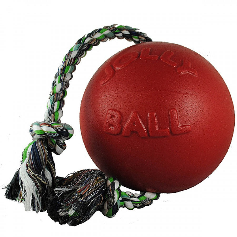 Jolly Pets - Romp N Roll Ball with Rope Dog Toy - RED - 11.5CM (4.5in)