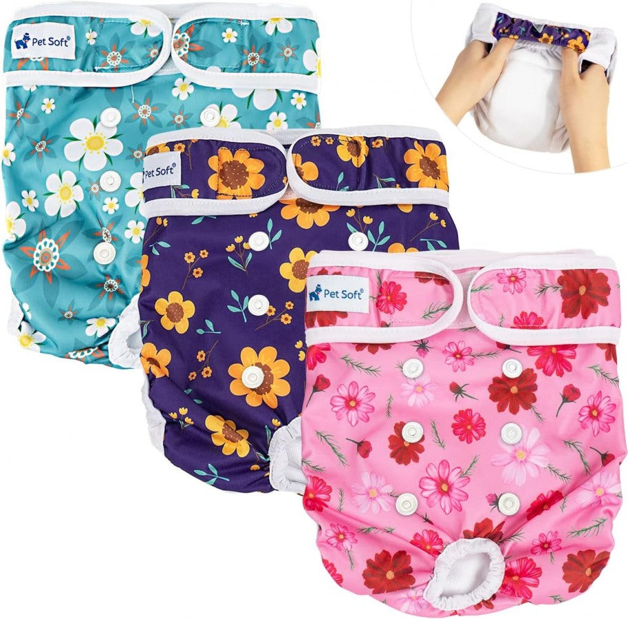 Pet Soft - Washable Female Diapers - CUTE FLOWER - SMALL - 25.4-35.56CM (10-14in) waist - 3PK