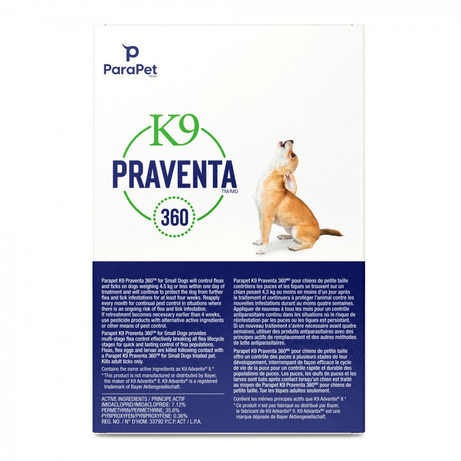 LocalID_71270 Parapet - K9 Praventa 360 Flea & Tick Treatment - SMALL Dogs up to 4.5KG - 3 Tubes