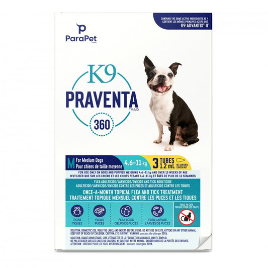 LocalID_71273 Parapet - K9 Praventa 360 Flea & Tick Treatment - MEDIUM Dogs 4.6 to 11KG - 3 Tubes