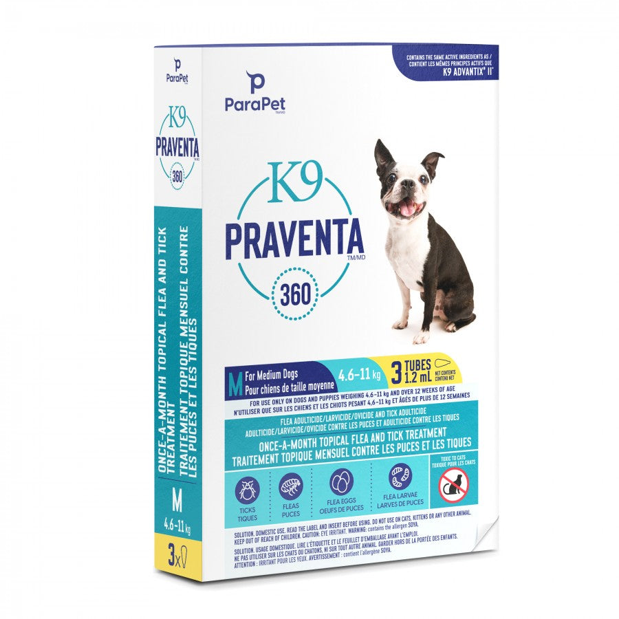LocalID_71275 Parapet - K9 Praventa 360 Flea & Tick Treatment - MEDIUM Dogs 4.6 to 11KG - 3 Tubes