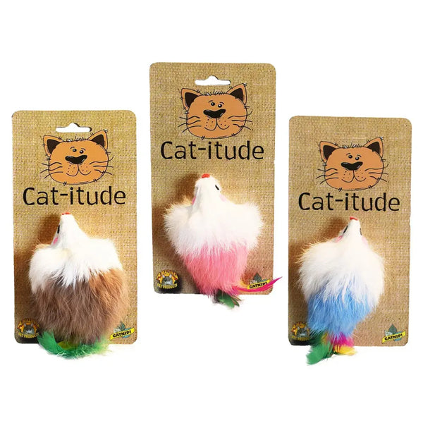 Amazing Pet - Real Fur Cozy Mouse with Rattle & Feather Tail Cat Toy