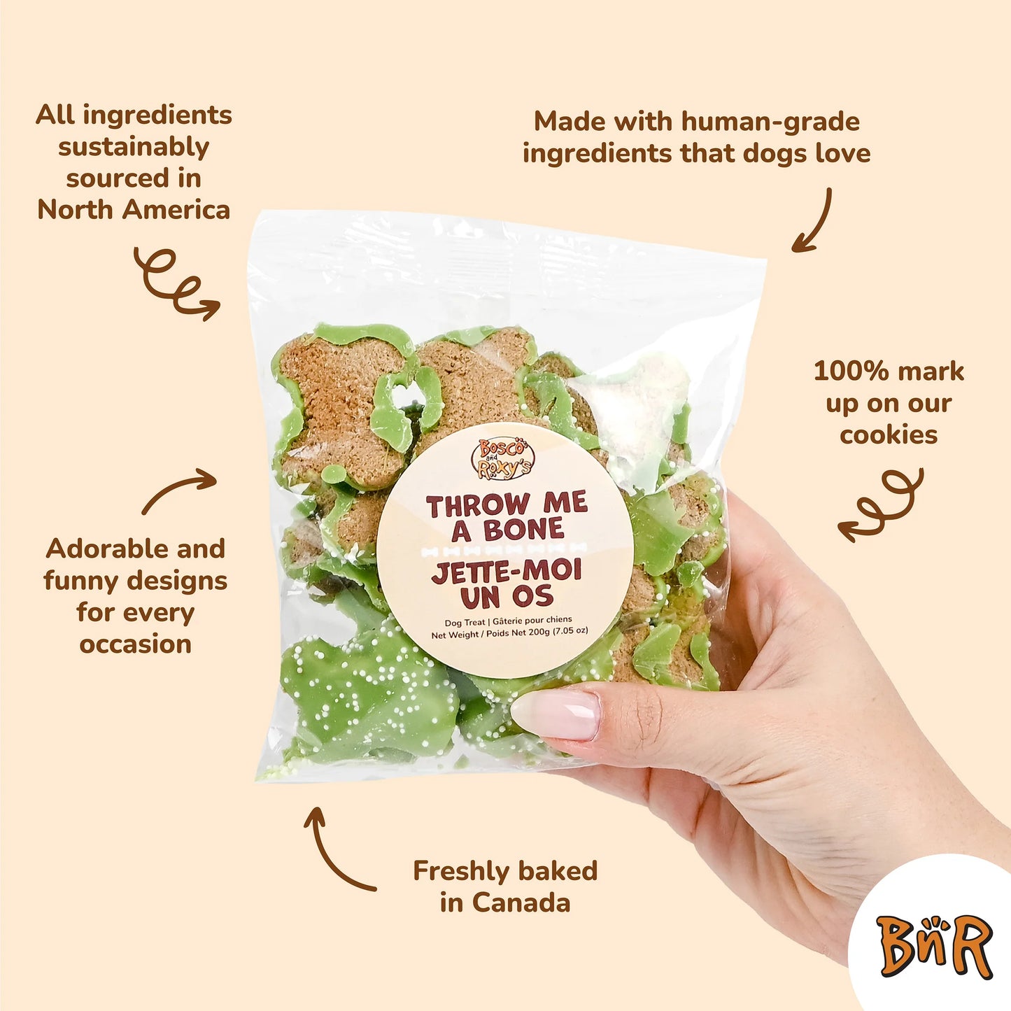 Bosco and Roxy's - SAGE GREEN BONES BAG - THROW ME A BONE - 200GM (7.05oz)