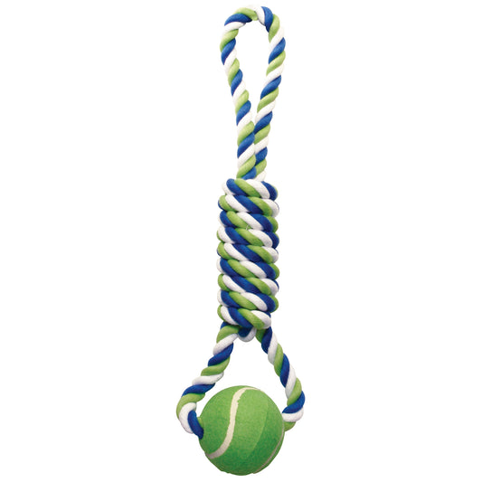 *DISC* Dogit - Knotted Rope Toy Dog Toy - Multicoloured Spiral Tug with Tennis Ball - 46CM (18in)