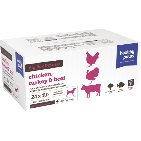 Healthy Paws - Frozen - Big Box Dinner VP CHICKEN, TURKEY, and BEEF Dog Food - 24 x 1LB