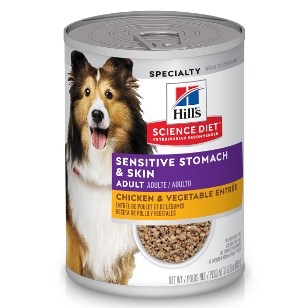 Hill's Science Diet, Adult Sensitive Stomach & Skin CHICKEN and VEGETABLE Entree Wet Dog Food, 363GM (12.8oz)