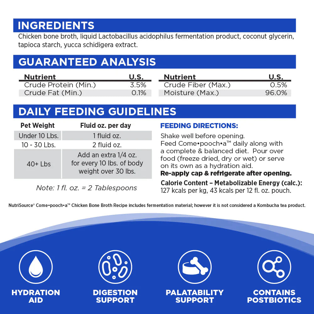NutriSource - Come-Pooch-A CHICKEN BONE BROTH Dog Topper - 354ML (12oz)