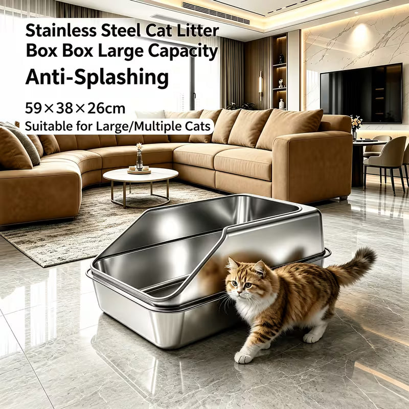 Thumbs Up Cat - Stainless Steel Litter Box - 59x39x26CM (23.2x15x10.2in)