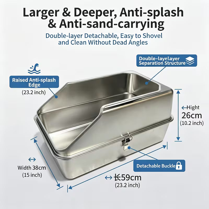 Thumbs Up Cat - Stainless Steel Litter Box - 59x39x26CM (23.2x15x10.2in)
