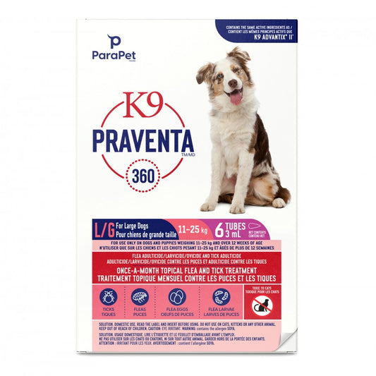 LocalID_71297 Parapet - K9 Praventa 360 Flea & Tick Treatment - LARGE Dogs 11 to 25KG - 6 Tubes