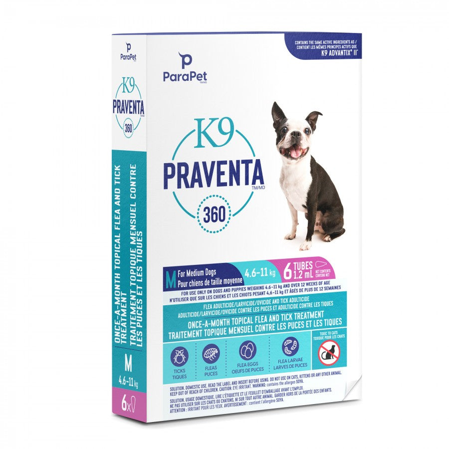 LocalID_71293 Parapet - K9 Praventa 360 Flea & Tick Treatment - MEDIUM Dogs 4.6 to 11KG - 6 Tubes