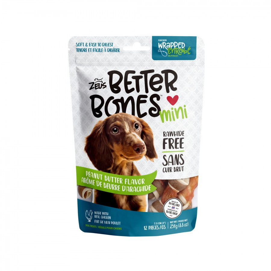 Zeus - Better Bones PEANUT BUTTER Flavor CHICKEN-Wrapped Mini Bones - 7.5CM (3in) - 251GM (8.8oz) - 12PK