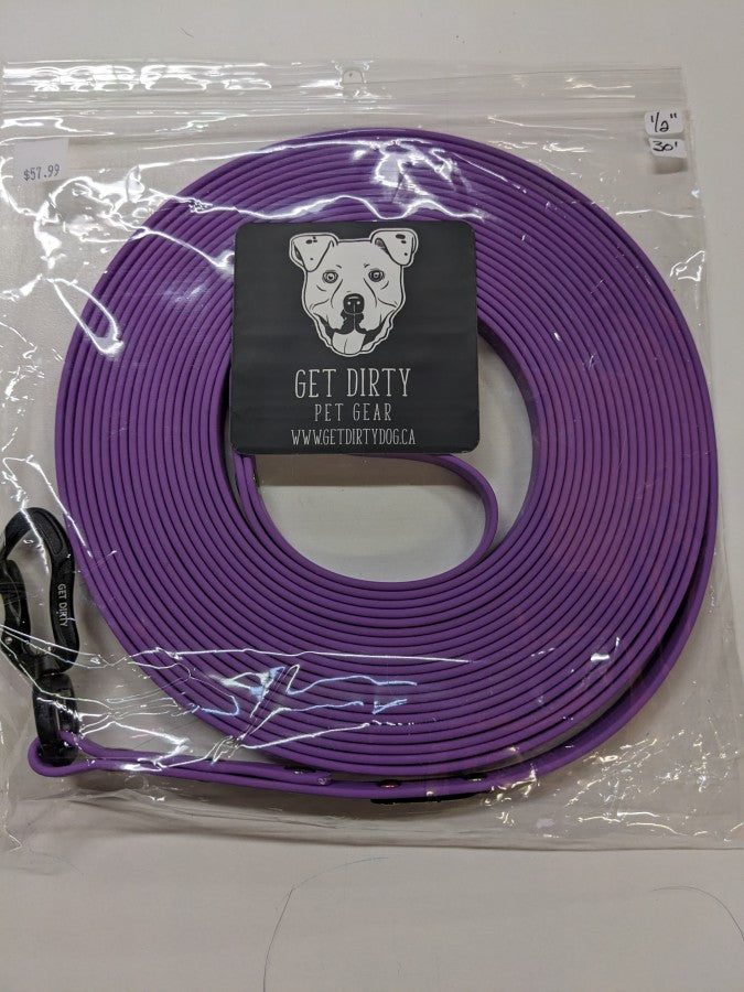 LocalID_58385 Get Dirty Pet Gear - 1/2" Carabiner Long Line - Biothane - Amethyst - 30 foot long