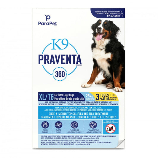 LocalID_71285 Parapet - K9 Praventa 360 Flea & Tick Treatment - XLARGE Dogs over 25KG - 3 Tubes