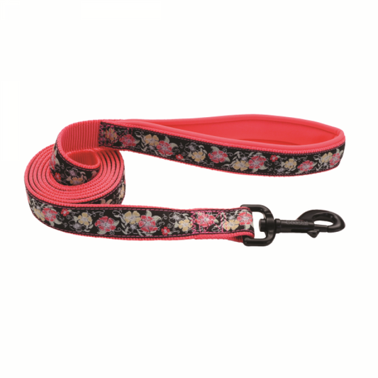 Coastal - Ribbon Weave Neoprene Leash - FLOWERS and BLACK - 5/8inx6ft