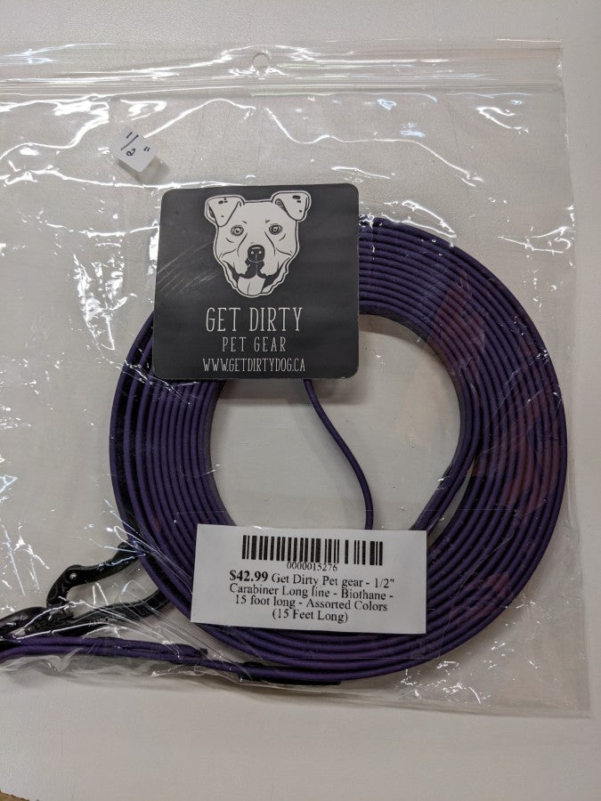 LocalID_58392 Get Dirty Pet gear - 1/2" Carabiner Long line - Biothane - Amethyst - 15 foot long
