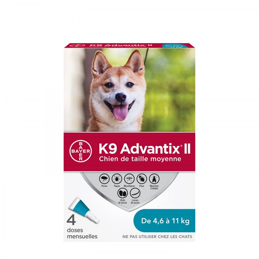 Bayer - K9 Advantix® II Medium Dog Once-A-Month Topical Flea & Tick Treatment - 4.6 to 11KG - 4 Doses